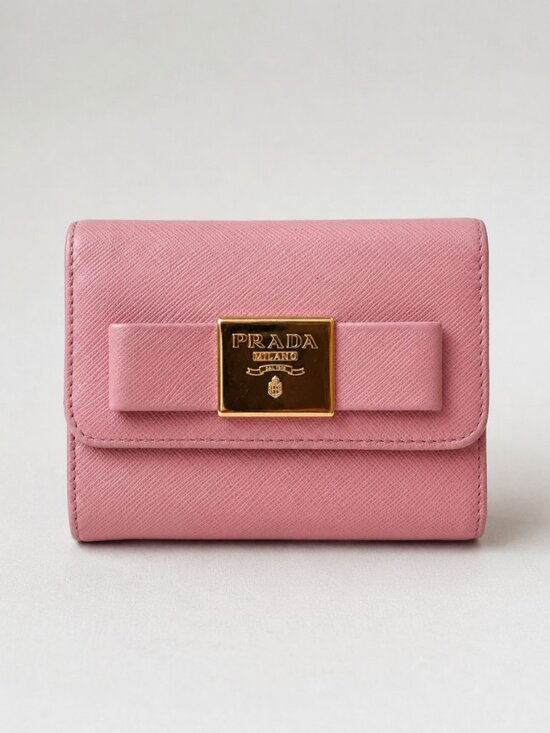 Prada Handbags - Prada Pink Saffiano Leather Bow Flap Trifold Wallet